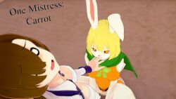  animal_ears aware biting blonde_hair bottomless brown_hair bunny_ears bunny_girl carrot_(one_piece) censored clothed cover cyanstargazer english_text female_only furry hair_covering_one_eye kneeling long_hair multiple_girls one_piece pussy scared short_hair symbol_in_eyes text white_eyes whitewash_eyes 
