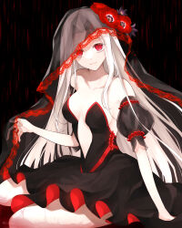 alternate_costume angra_mainyu bare_legs bare_shoulders breasts cleavage corruption dress evil_smile fate/extra fate/grand_order fate/stay_night fate_(series) femsub flower flower_in_hair happy_trance hazuki-a irisviel_von_einzbern kneeling legs long_hair looking_at_viewer midriff possession red_eyes sitting smile thighs veil white_hair