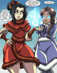 absurdres avatar_the_last_airbender azula black_hair breasts brown_hair dark_skin female_only femdom femsub flame hypnotic_fire katara large_breasts nickelodeon open_mouth princess smile standing standing_at_attention text western zorro-zero