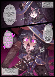  black_hair blush breasts cleavage english_text eye_color_change femsub genshin_impact gloves glowing_eyes hat heart_eyes instant_loss leotard long_hair maledom miwerjooggetser mona_(genshin_impact) open_mouth penis purple_eyes speech_bubble symbol_in_eyes text tongue tongue_out twintails very_long_hair 