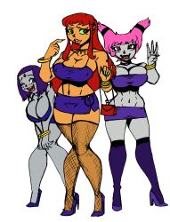  bimbofication breasts crazycowproductions da_janitor_(manipper) dc_comics female_only femsub green_eyes jinx large_breasts lipstick manip pink_hair prostitution purple_hair raven red_hair starfire teen_titans 