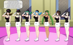 black_hair blue_hair brown_hair dark_skin dialogue dlobo777 empty_eyes gloria_(pokemon) green_hair happy_trance kris large_breasts leaf_(pokemon) long_hair lyra_(pokemon) mallow_(pokemon) marina_(pokemon) marnie_(pokemon) pokemon short_hair team_hypno text