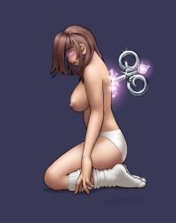breasts brown_hair dazed dollification empty_eyes expressionless female_only femsub glowing glowing_eyes hypnotic_accessory kneeling large_breasts long_hair magic open_mouth original panties sleepymaid socks solo topless underwear wind-up_key