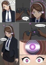  absurdres antenna brown_hair clefla comic dollification empty_eyes expressionless femsub game_controller glowing_eyes headphones hypnotic_accessory large_breasts long_hair maledom office_lady original pantyhose remote_control robotization skirt tech_control text 