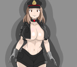 absurdres anthony322 blonde_hair bottomless breasts camie_utsushimi collar drool empty_eyes female_only femsub happy_trance hat my_hero_academia standing standing_at_attention