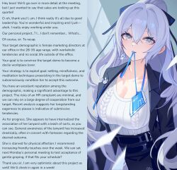  altered_common_sense bangs bronya_zaychik caption caption_only cleavage cleavage_cutout earrings female_only femsub hair_ornament honkai_impact_3rd id_card large_breasts maledom monsieurchuchote_(writer) office_lady sweater text white_hair 