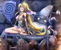 barefoot blonde_hair blush bondage breasts collar drool empty_eyes feet femsub fingerless_gloves gloves hypnotic_screen kneeling large_breasts leash long_hair mana_(series) manip riesz_(mana) spiral spiral_eyes sweat symbol_in_eyes tech_control tongue tongue_out torn_clothes trials_of_mana vanndril_(manipper)