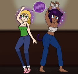 abs barefoot blonde_hair breasts cat_ears cat_girl cat_nap_(hypnolordx) cat_tail cleavage clothed dark_skin dazed doc-helix empty_eyes female_only femsub glasses large_breasts long_hair muscle_girl original purple_hair short_hair sparkle statue text thought_bubble tomoe_(doc-helix)