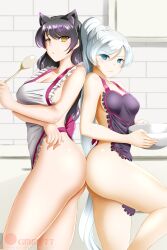 apron black_hair blake_belladonna blue_eyes bottomless cat_ears cat_girl cleavage empty_eyes female_only femsub icontrol_(manipper) kimmy77 long_hair looking_at_viewer manip naked_apron open_mouth ponytail rwby weiss_schnee white_hair yellow_eyes