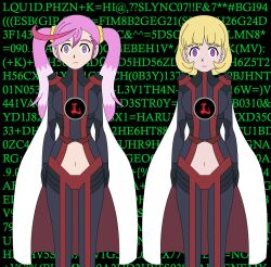 ai_kashiki appmon blonde_hair breasts corruption digimon eri_karan expressionless femsub liquidphazon multiple_girls multiple_subs pink_hair standing standing_at_attention text twintails