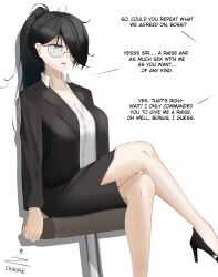  absurdres altered_common_sense bare_legs black_hair breasts business_suit chair cleavage crossed_legs dialogue drool empty_eyes english_text eroborne female_only femsub financial_domination glasses green_eyes hair_covering_one_eye high_heels large_breasts legs limp long_hair messy_hair office_lady open_mouth original ponytail signature simple_background sitting skirt slouching solo suit text white_background 