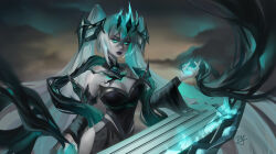 absurdres alternate_costume aura bare_shoulders black_lipstick black_sclera breasts cleavage clothed control_indicator corruption crown dress eye_color_change femsub five-flavor_macchiato gloves glowing glowing_eyes green_eyes hair_color_change league_of_legends lipstick looking_at_viewer maledom nail_polish opera_gloves pale_skin possession ruination smoke sona_(league_of_legends) tight_clothing twintails very_long_hair viego_(league_of_legends) white_hair