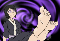  black_hair feet femsub foot_focus genjutsu happy_trance hypnosiswolf infinite_tsukuyomi kimono naruto_(series) shizune short_hair spiral_background spiral_eyes 