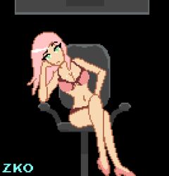  animated animated_gif bouncing_breasts bra breasts cleavage drool expressionless female_only femsub green_eyes high_heels hypnotic_screen large_breasts lingerie open_mouth original panties pink_hair pixel_art sitting surprised tech_control underwear very_long_hair zko 