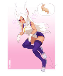 absurdres blush body_swap border breasts bunny_ears bunny_girl clothed confused dark_skin empty_eyes expressionless female_only femsub gloves gradient_background kronobas28 large_breasts leotard my_hero_academia red_eyes rumi_usagiyama signature simple_background solo spiral super_hero symbol thick_thighs thighhighs thought_bubble very_long_hair white_hair