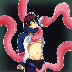 androgynous androgynous_dom blood_blockade_battlefront breath brown_hair bulge geekgirl8 goggles hypnotic_eyes hypnotic_tentacle kaa_eyes leonardo_watch male_only malesub open_mouth shirt_lift short_hair tentacles underwear undressing
