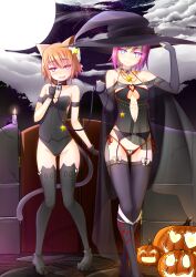  animal_ears blush breasts brown_hair cat_ears cat_girl cleavage collar estellise_sidos_heurassein female_only femdom femsub fingerless_gloves gloves glowing glowing_eyes halloween happy_trance hat looking_at_viewer open_mouth opera_gloves pet_play pink_hair pumpkin rita_mordio short_hair smile tail tales_of_(series) tales_of_vesperia vahn_yourdoom witch witch_hat 