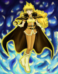 ahoge alternate_costume alternate_hair_color aura blonde_hair boots breasts cape earrings english_text female_only femdom femsub floating gloves glowing glowing_eyes headband healmistress high_heels jewelry lina_inverse long_hair lord_of_nightmares magic orb pants possession slayers spoilers text unhappy_trance yellow_eyes