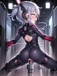 ahoge ai_art ass blush bodysuit corruption dildo empty_eyes female_only femsub gloves grey_hair headphones hypnotic_accessory hypnotic_audio koimin4_(generator) open_mouth pussy_juice restrained short_hair solo spread_legs stable_diffusion_(ai) sweat tears tech_control twintails vaginal 