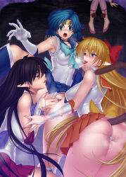 absurdres black_hair blonde_hair blue_hair blush breasts castella celes-celes corruption dazed drool elf_ears erect_nipples fangs female_only femdom femsub happy_trance large_breasts long_hair multiple_girls panties pussy_juice sailor_mars sailor_mercury sailor_moon_(series) sailor_venus short_hair sweat tongue tongue_out torn_clothes underwear yuri