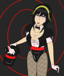  alternate_costume black_hair bow_tie cleavage collarbone female_only femsub fishnets gloves hair_band happy_trance hat hy2300 large_breasts long_hair magic_wand magician open_mouth pantyhose red_eyes simple_background smile solo spiral_background spiral_eyes spy_x_family standing symbol_in_eyes yor_briar 
