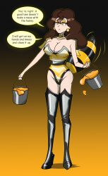  aae bee_girl brown_hair cleavage clothed collar earrings english_text eyeshadow female_only femsub honey hy2300 leotard simple_background speech_bubble standing tail text thigh_boots yellow_eyes 