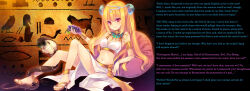 blonde_hair breasts coils egyptian feet fruit glowing glowing_eyes large_breasts magic manip pov_sub princesslucina_(manipper) red_eyes sandals snake text