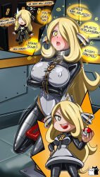 blonde_hair blush bondage chair chibi cynthia drool enemy_conversion erect_nipples_under_clothes femsub hair_covering_one_eye long_hair nintendo open_mouth pokeball pokemon pokemon_diamond_pearl_and_platinum rosvo spiral spiral_eyes tagme team_galactic text