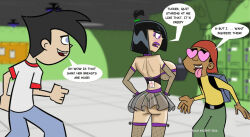  black_hair blue_eyes breasts choker clothed_exposure dalo_knight danny_fenton danny_phantom_(series) dark_skin dialogue femsub fishnets ghost heart heart_eyes huge_breasts maledom nickelodeon open_mouth ponytail possession purple_eyes sam_manson see-through skirt symbol_in_eyes text thighhighs thong tongue tongue_out tucker_foley western 