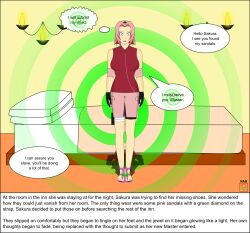 dialogue empty_eyes femsub hypnotic_accessory large_breasts nabs001 naruto_(series) sakura_haruno sandals short_hair spiral text