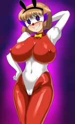  alternate_costume arms_above_head breasts brown_hair clown clown_girl enemy_conversion erect_nipples erect_nipples_under_clothes female_only femsub hair_ornament hell_teacher_nube hell_teacher_nube:_at_0_a.m._nube_dies!! huge_breasts hypnotic_accessory jester large_breasts looking_at_viewer mask miki_hosokawa pierrot_(hell_teacher_nube) purple_background short_hair simple_background smile su_retro_space 