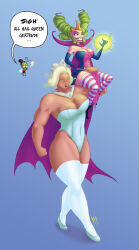  absurdres big_muscles blonde_hair cape carrying crown evil_smile femdom femsub gertrude_(i_hate_fairyland) gloves glowing glowing_eyes green_eyes green_hair hypnolion i_hate_fairyland jewelry larrigon_wentsworth_iii leotard magic muscle_girl opera_gloves purty_pretty_princess smile smoke smoking text thighhighs 