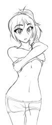  cleavage crystal_(zko) expressionless female_only femsub long_hair midriff monochrome navel original ponytail short_shorts shorts simple_background sketch solo spiral_eyes standing symbol_in_eyes tank_top undressing white_background zko 