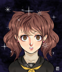  absurdres brown_eyes brown_hair earrings empty_eyes expressionless female_only femsub jewelry lipstick long_hair looking_at_viewer makeup open_mouth persona_(series) persona_4 pov pov_dom rise_kujikawa school_uniform solo sweetlittleneko twintails 