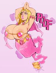 absurdres armpits arms_above_head bimbofication blonde_hair breast_expansion breasts crossed_eyes da_janitor_(manipper) dancing dc_comics female_only femsub genie happy_trance harem_outfit huge_breasts hypnotic_eyes large_lips lipstick manip raven reliusmax simple_background smile teen_titans transformation