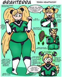  blonde_hair braid character_profile chubby consensual dialogue erect_nipples_under_clothes female_only femsub graviterra_(kilroylucy18) green_eyes happy_trance huge_ass huge_breasts kilroylucy18 latex long_hair milf original super_hero text twintails 