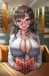  book breasts brown_hair cleavage empty_eyes femsub glasses happy_trance large_breasts looking_at_viewer mole open_shirt original t3x 