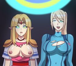 a_link_between_worlds blonde_hair bodysuit breasts breasts_outside cleavage dazed drool electrickronos elf_ears female_only femsub happy_trance kaa_eyes long_hair metroid_(series) nintendo nipples open_clothes open_mouth ponytail princess princess_zelda samus_aran the_legend_of_zelda tongue tongue_out torn_clothes zero_suit