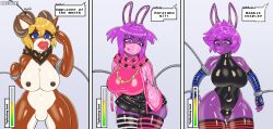 absurdres bare_breasts bodysuit breasts bulge bunny_boy bunny_ears comic cosplay dialogue dressing english_text face_mask fingerless_gloves furry gloves jacket leggings leotard malesub mechanical_arm metiore necklace nipples opera_gloves original pink_eyes pink_hair pink_lipstick puckered_lips scarf short_hair short_skirt skirt speech_bubble tech_control text