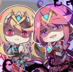  androgynous_dom aura bare_shoulders blonde_hair breasts chibi clothed corruption crossover densho_hiyoko dharkon earrings eye_color_change femsub galeem gloves hand_on_hip long_hair looking_at_viewer mythra_(xenoblade) nintendo open_mouth possession purple_eyes pyra_(xenoblade) red_eyes red_hair short_hair signature slit_pupils super_smash_bros. tentacles xenoblade_chronicles xenoblade_chronicles_2 