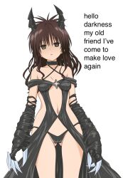  alternate_costume breasts brown_eyes brown_hair collar cosplay dialogue empty_eyes expressionless female_only femsub gloves golden_darkness horns humor lingerie long_hair manip mikan_yuuki open_mouth opera_gloves panties shinylamp_(manipper) simple_background small_breasts solo text to_love_ru underwear white_background 