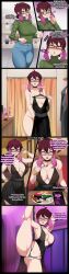  absurdres ai_art border clothed_exposure comic corruption cum_on_breasts dancing earrings english_text femsub food gemna_(mezz+pokemongirl) glasses glowing_eyes good_sub_conditioning heart_eyes hypnotic_accessory instant_loss jewelry legs_up makeup maledom mantra mrchypno_(generator) nude original phone pole_dancing purple_hair see-through speech_bubble squirting stripper tech_control text undressing wet 