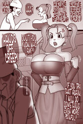 angry before_and_after belt blush breasts cleavage comic dialogue dragon_quest_(series) dragon_quest_viii dress earrings english_text femsub huge_breasts jessica_albert jewelry maledom monochrome nipples open_mouth robotekz speech_bubble text twintails undressing
