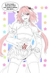 alternate_costume astolfo_(fate/grand_order) bare_shoulders blush body_markings command_seal control_indicator english_text fate/grand_order fate_(series) femboy happy_trance long_hair male_only maledom malesub midriff navel one_eye_open pink_eyes pink_hair ponytail possession ritsuka_fujimaru_(male) sketch speech_bubble text umbra_callistis wink