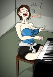 absurdres blue_eyes brown_hair cleavage closed_eyes collarbone drool female_only femsub heavy_eyelids huge_breasts instrument jill_valentine one_eye_open open_mouth pendulum red_lipstick resident_evil resident_evil_3_remake short_hair sitting skirt sleeping sleepy snoring somnowalkerx text tongue tongue_out