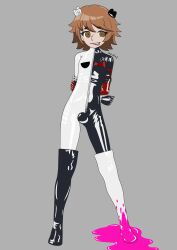 arms_behind_back azureemmi blood bodysuit brown_eyes brown_hair bulge chihiro_fujisaki corruption dangan_ronpa empty_eyes femboy grey_background hair_ornament latex male_only malesub null_bulge opera_gloves shrunken_irises signature simple_background solo thigh_boots tongue