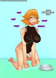  3d absurdres all_fours blonde_hair collar drool earrings eye_roll female_only femsub happy_trance igawa_sakura kneeling large_breasts latinkaixa leotard pet_bowl pet_play pink_eyes short_hair signature simple_background solo taimanin_(series) taimanin_asagi tech_control text thick_thighs tongue tongue_out 