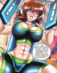  abs absurdres bike_shorts breasts brown_hair cleavage connie_(kani-e) curly_hair dialogue drill_hair exercise expressionless female_only femsub flexing green_eyes gym large_breasts large_lips midriff open_mouth original short_hair sitting solo spiral_eyes sports_bra symbol_in_eyes tech_control text visor zorro-zero 