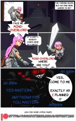  aiko_hajime_shin armor brown_eyes comic glowing_eyes how_i_became_my_masters_slave hypnotico large_breasts large_hips pink_hair saimin_(hypnotico) speech_bubble story sword text 