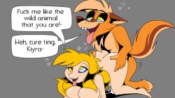  blonde_hair bottomless breasts cum cum_in_pussy femsub fox_boy furry happy_trance heterosexual howling_mad_fox_hatter kaa_eyes large_breasts long_hair maledom nude open_mouth original rulala_(bombertim) text tongue tongue_out topless 